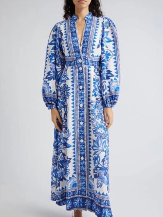 FARM Rio Dresses & Skirts - FARM Rio Flora Tapestry Maxi Dress NWT Size M Blue Off-White Linen